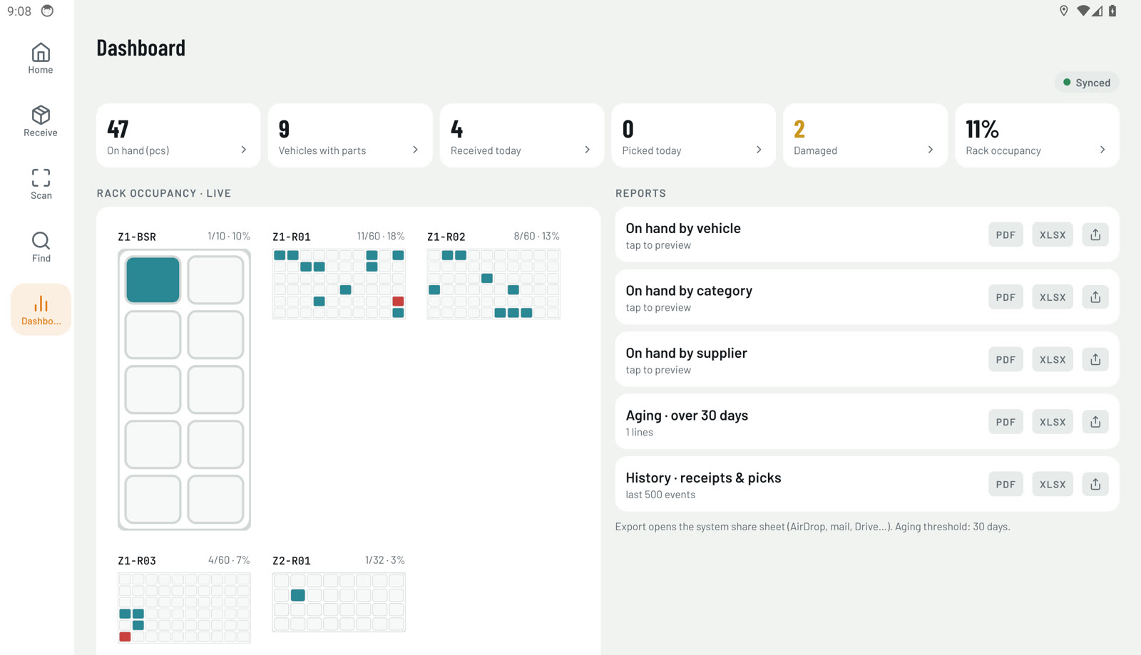 PartYard dashboard on a tablet — live tiles, rack occupancy and reports